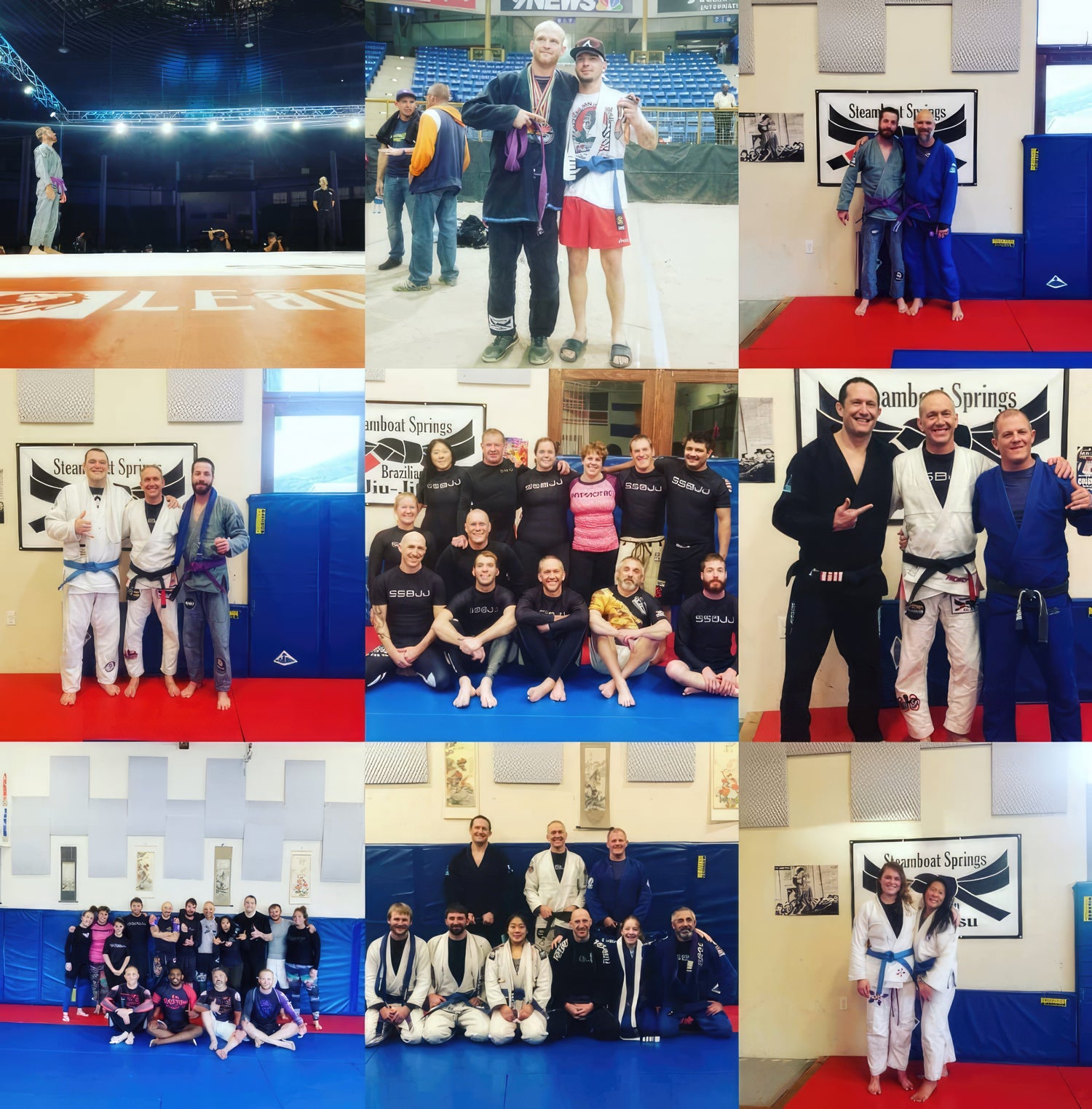 Collage of Steamboat Brazilian Jiu-Jitsu gym activities, including training, group photos, and competitions